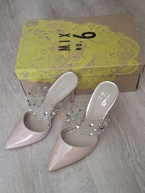 Mix No. 6 Blush Patent Pointed Mule with Clear Studded Straps